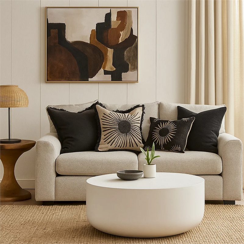 Utan 31 Inch Round Coffee Table - Modern Cement Frame - Off White