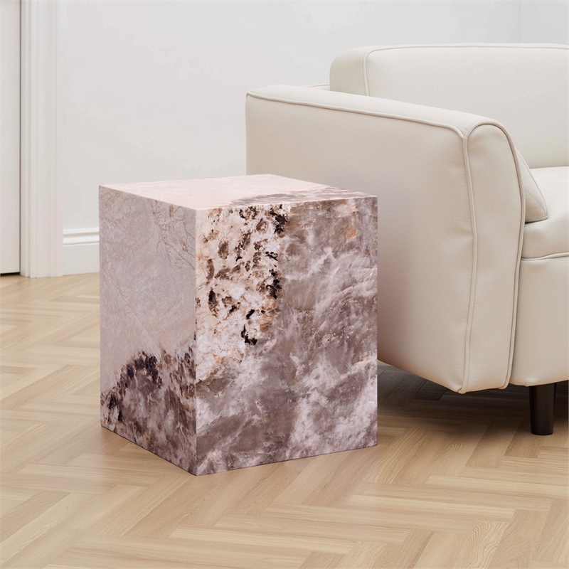 Itah Accent End Table-Square-White and Brown Faux Stone-16 Inch