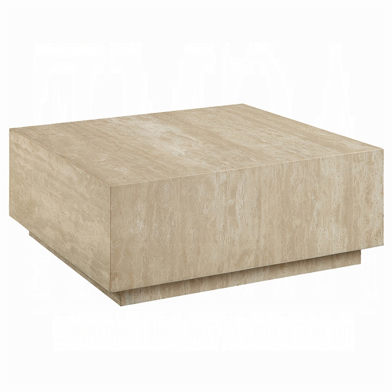 Lory Coffee Table-35 Inch Square Travertine Top-Natural Wood Beige