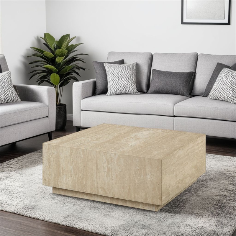 Lory Coffee Table-35 Inch Square Travertine Top-Natural Wood Beige
