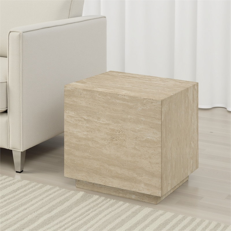 Lory Side End Table-19 Inch Square Travertine Top-Natural Wood Beige