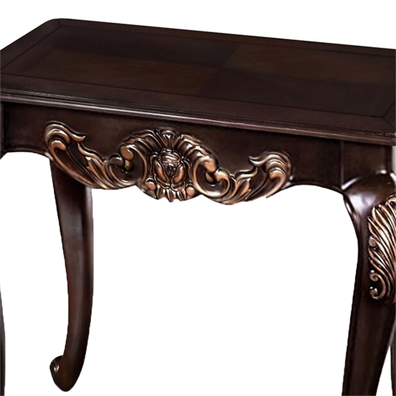 Astor End Table-29 Inch Dark Cherry Brown Wood-Carved Details