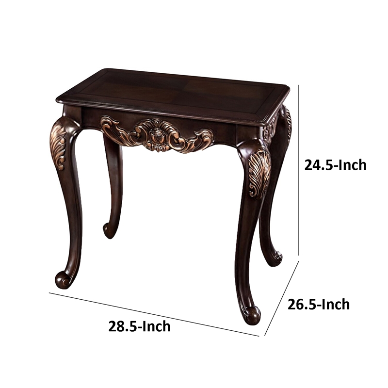 Astor End Table-29 Inch Dark Cherry Brown Wood-Carved Details