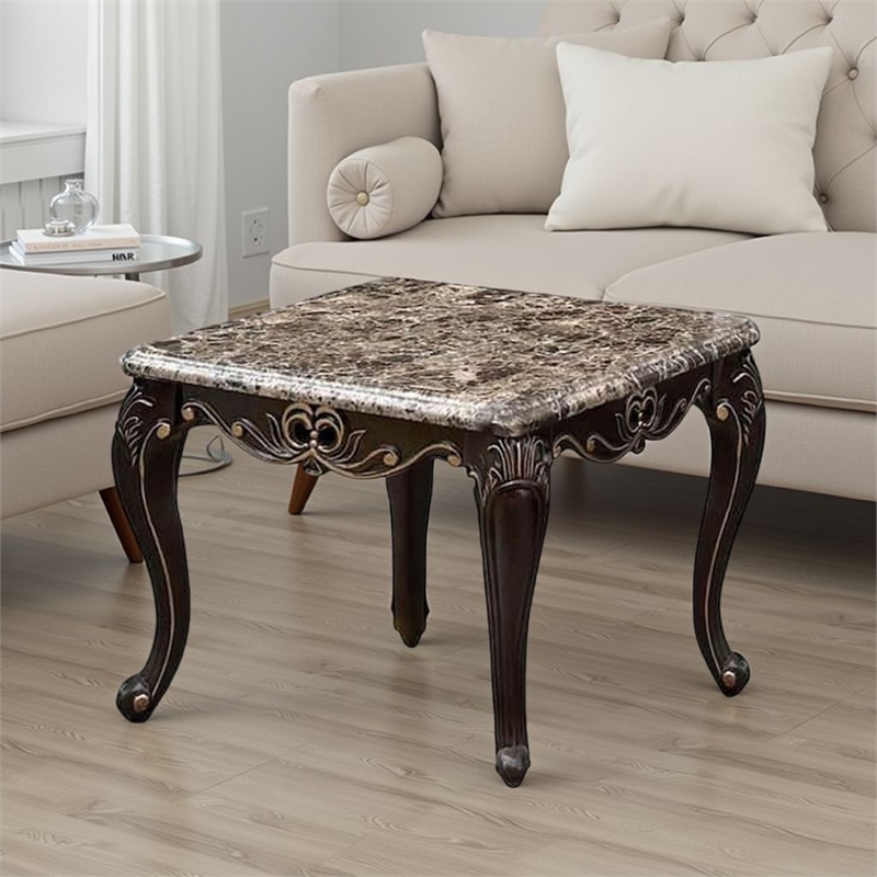 Ery End Table-Dark Walnut Brown Wood-Carved Details-28 Inch