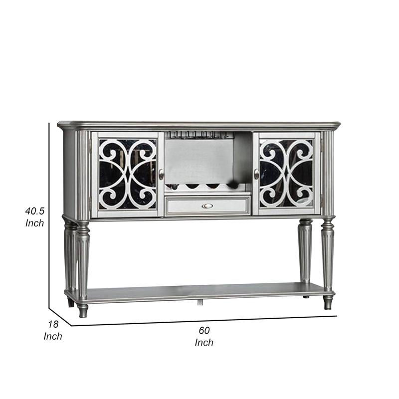 Hixe Sideboard Buffet w Wine Rack-Silver Wood-Fluted Legs-60 Inch