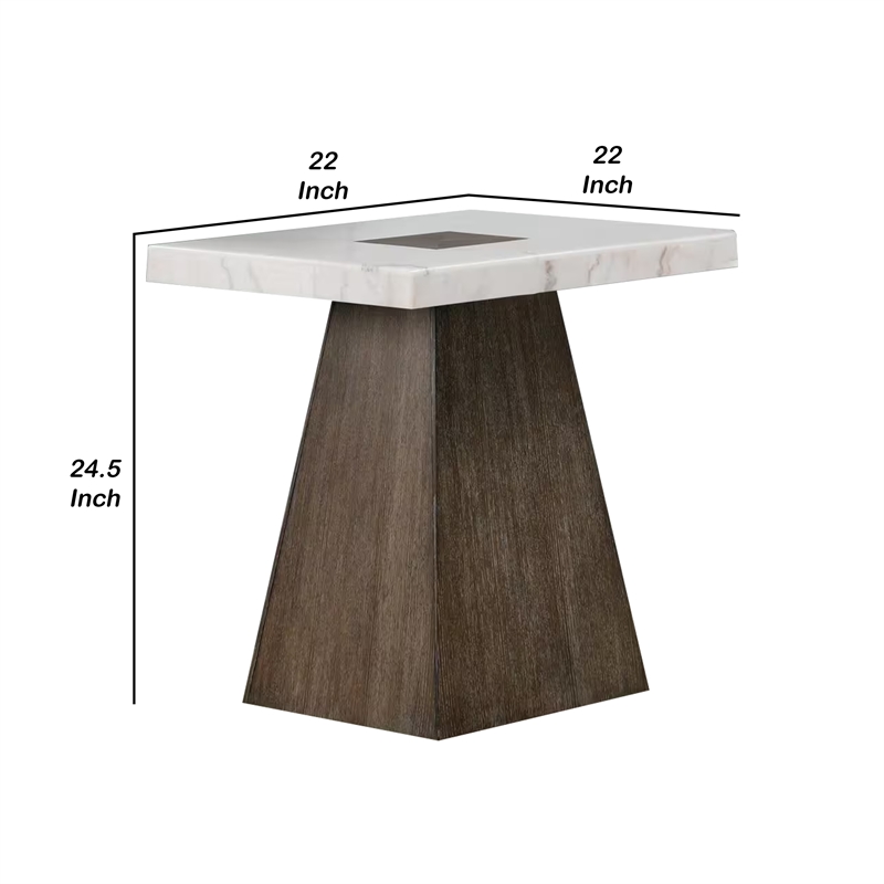 Asten Side End Table-22 Inch-Square White Marble Top-Walnut Brown