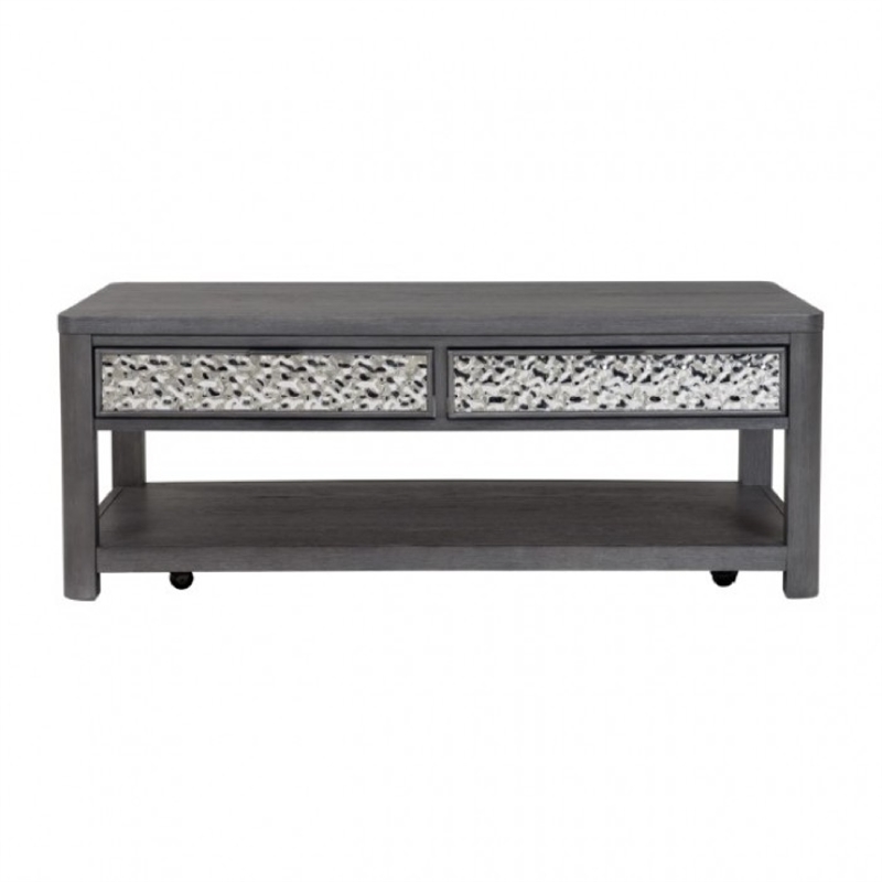 Zoko 48 Inch Coffee Table-Caster Wheels-Drawers-Ash Gray Rubberwood