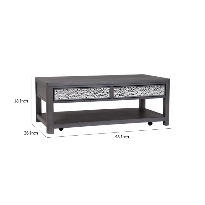 Zoko 48 Inch Coffee Table-Caster Wheels-Drawers-Ash Gray Rubberwood