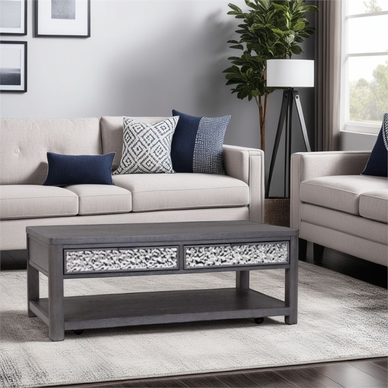 Zoko 48 Inch Coffee Table-Caster Wheels-Drawers-Ash Gray Rubberwood