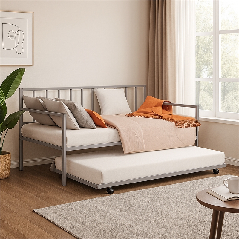 Ham Daybed with Pull Out Trundle-Silver Slatted Open Metal Frame