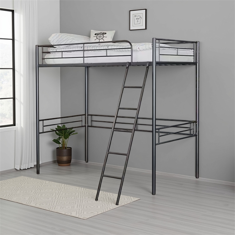 Mylz Twin Loft Bed-Black Metal Frame with Attached Angled Ladder