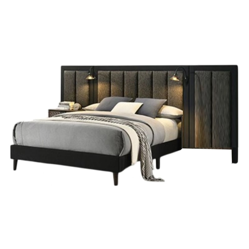 Fel Queen Size Bed-Dark Brown Wood Frame-Upholstered Headboard