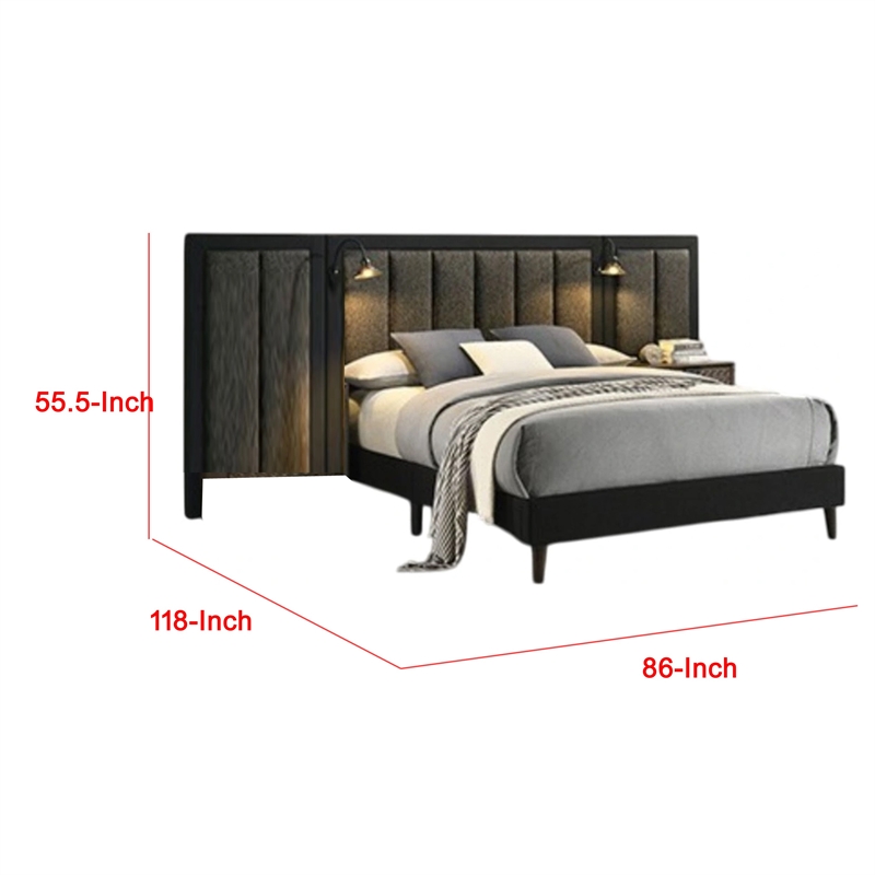 Fel Queen Size Bed-Dark Brown Wood Frame-Upholstered Headboard