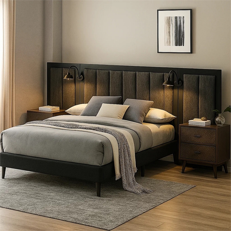 Fel Queen Size Bed-Dark Brown Wood Frame-Upholstered Headboard