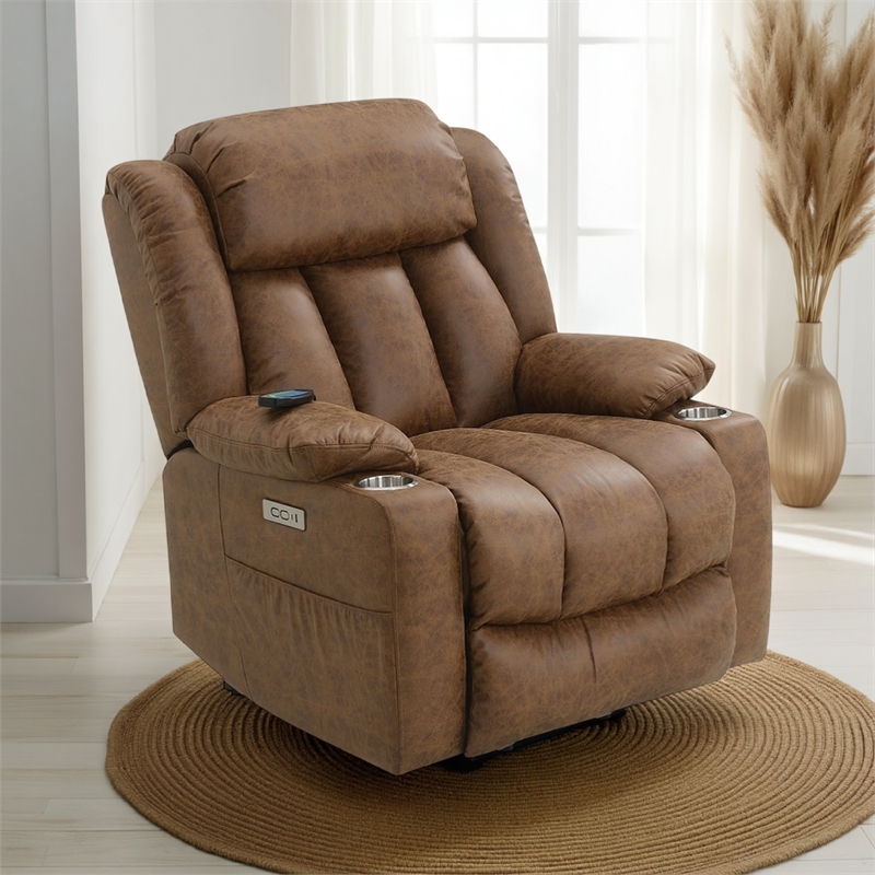 Mario Power Recliner Lift Chair-Heating Massage-Brown Faux Leather