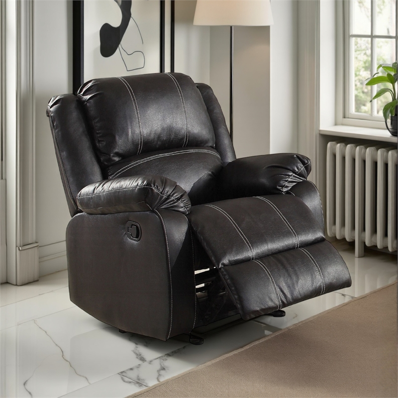 Zuru Motion Manual Rocker Recliner Chair-Plush Black Faux Leather