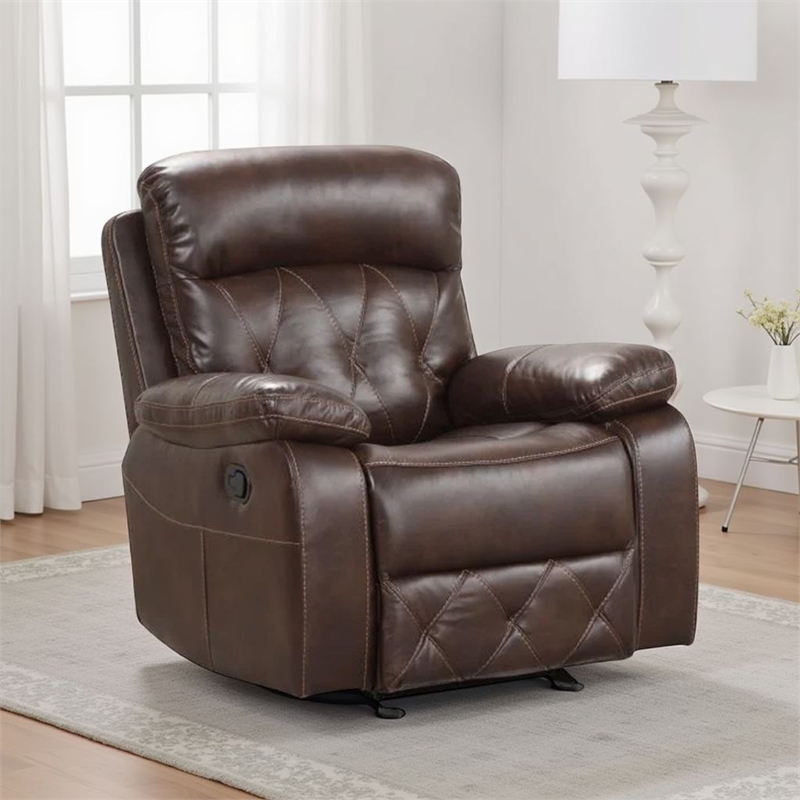 Kesy Manual Glider Recliner Chair-Pillow Top Arms-Brown Faux Leather