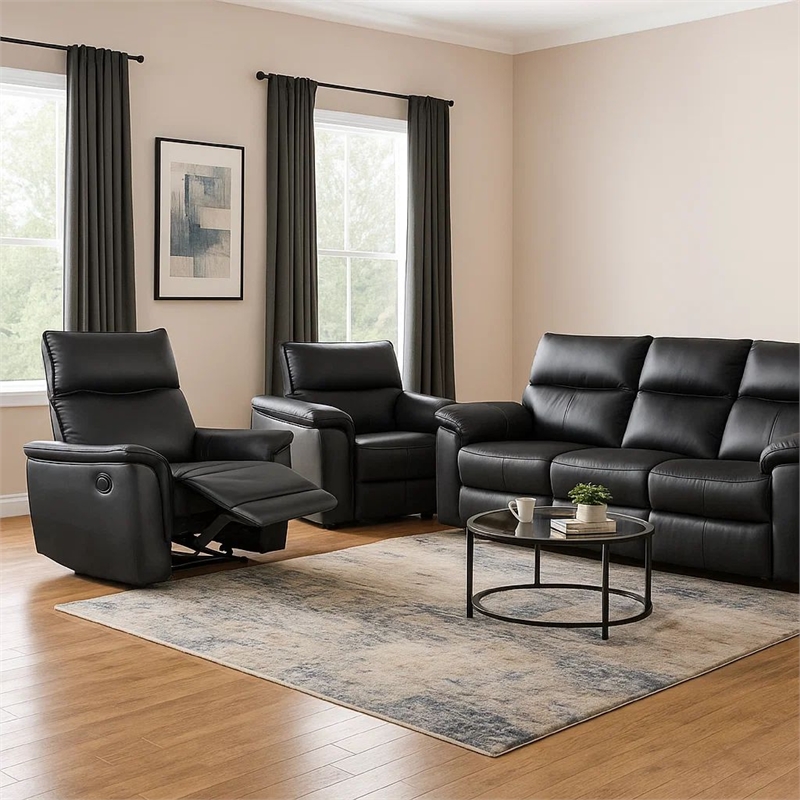 Lenne Manual Recliner Chair-Flared Padded Arms-Black Leather Match