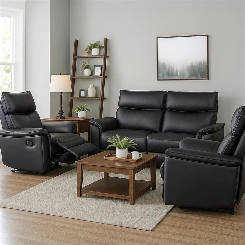 Lenne Manual Recliner Chair-Flared Padded Arms-Black Leather Match