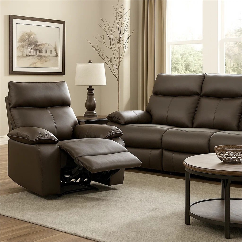 Ozy Manual Recliner Chair-Pillow Top Arms-Dark Brown Leather Match