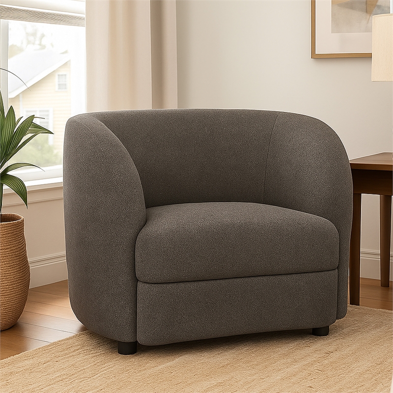 Srey Accent Chair- 37 Inch- Plush Gray Boucle- Curved Kidney Shape