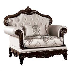 Vera Accent Chair- Tufted Jacquard Pattern- Carved Dark Cherry Brown- Beige