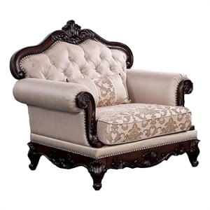 Vera Accent Chair- Tufted Jacquard Pattern- Carved Dark Cherry Brown- Brown