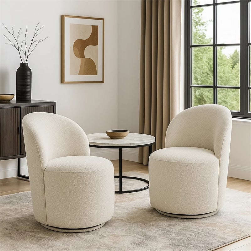 Accent Chair Set of 2- 360 Degree Swivel Rotation- Beige White Boucle