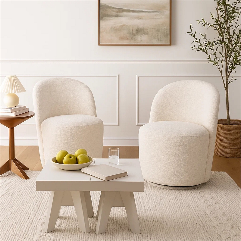 Accent Chair Set of 2- 360 Degree Swivel Rotation- Beige White Boucle