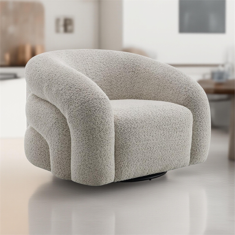 Swivel Accent Chair- Cloudlike Curved Design- Metal Base- Gray Boucle