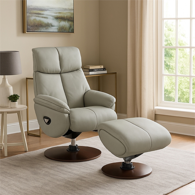 Doro Swivel Accent Chair w Ottoman- Gray Top Grain Leather- Round Base