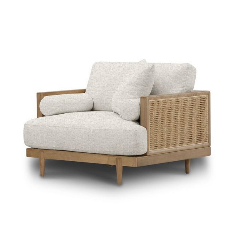 Senu Accent Chair- Rattan Woven Armrests- Beige- Brown Solid Wood