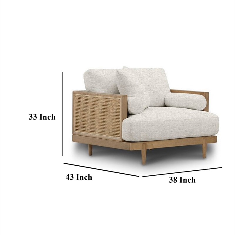 Senu Accent Chair- Rattan Woven Armrests- Beige- Brown Solid Wood