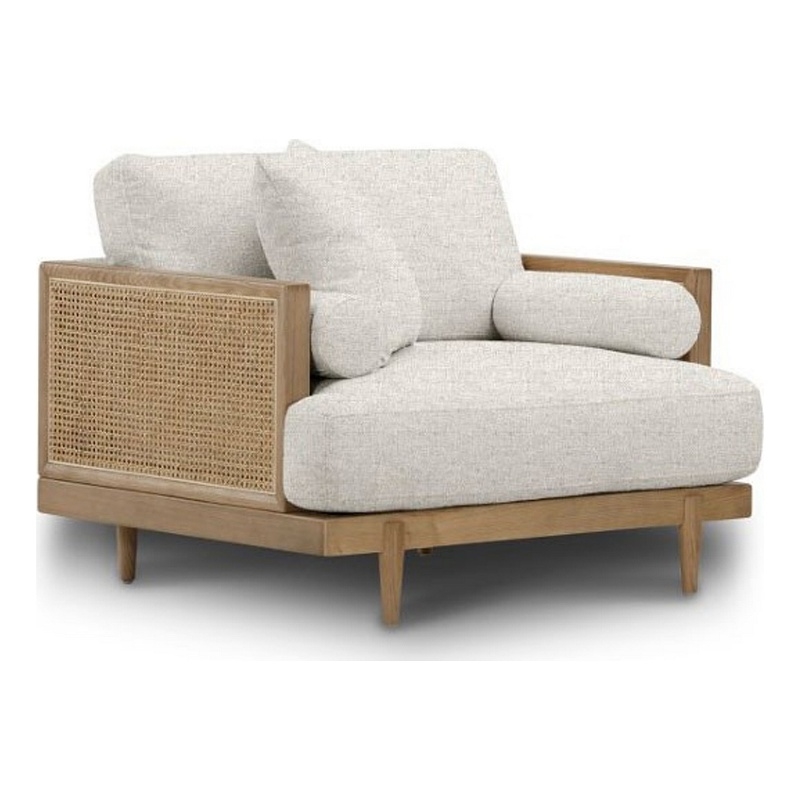 Senu Accent Chair- Rattan Woven Armrests- Beige- Brown Solid Wood