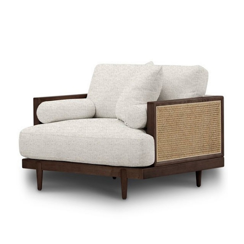 Senu Accent Chair- Rattan Woven Armrest- White- Brown Solid Wood