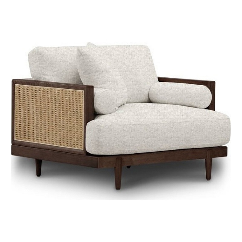 Senu Accent Chair- Rattan Woven Armrest- White- Brown Solid Wood