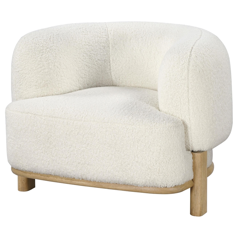 Linia- Accent Chair- Soft Cushioned Barrel Back- Ivory- Brown Wood