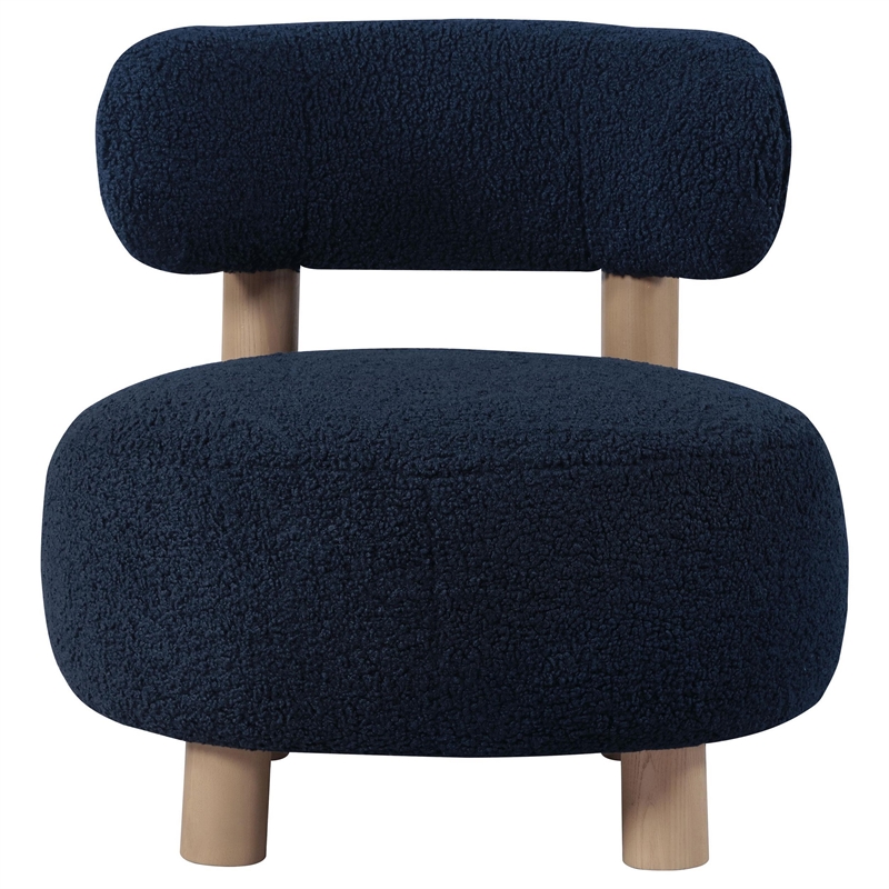 Zona Accent Chair- Barrel Back- Navy Blue Boucle Fabric and Brown Wood