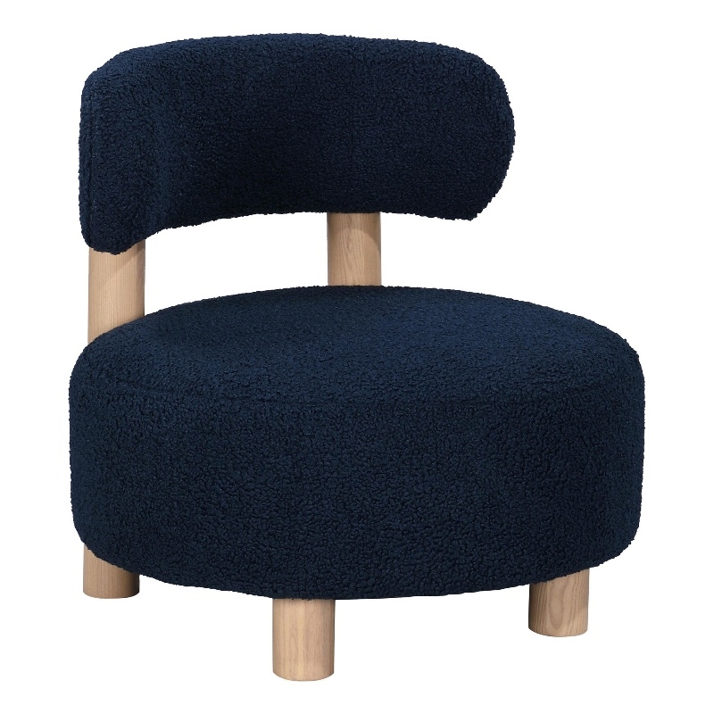 Zona Accent Chair- Barrel Back- Navy Blue Boucle Fabric and Brown Wood