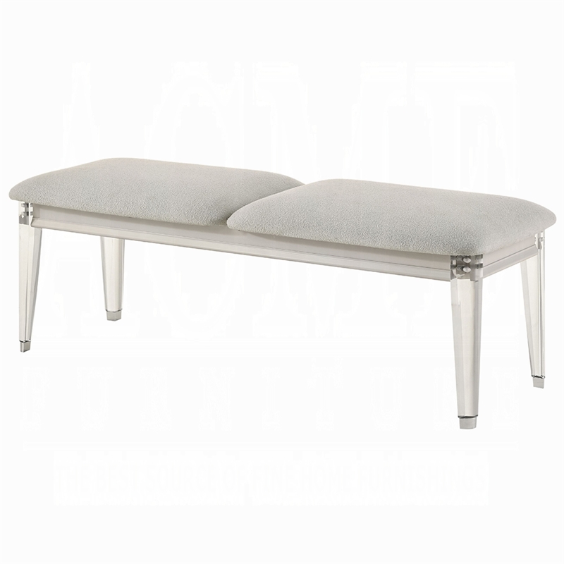 Veda Accent Bench - Light Gray Boucle - Pearl White Wood Finish -54 Inch