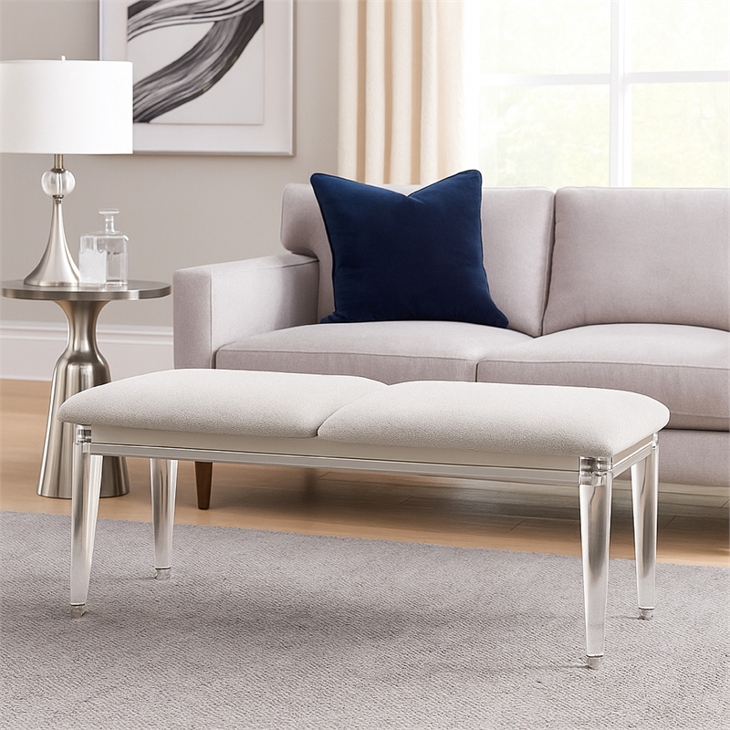 Veda Accent Bench - Light Gray Boucle - Pearl White Wood Finish -54 Inch