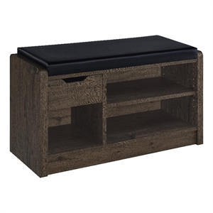 Aryn Storage Bench- Adjustable Shelf - Black Faux Leather - Dark Brown