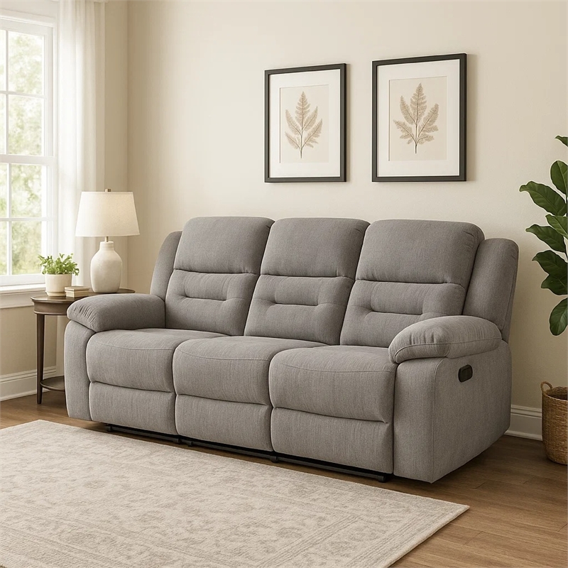 Gilo Manual Recliner Sofa- 92 Inch Light Gray- Pillow Top Armrests