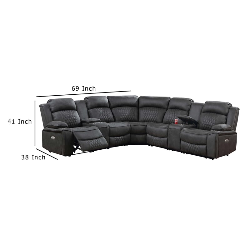Ina Power Sectional Recliner L Shape Sofa- Charcoal Gray Faux Leather