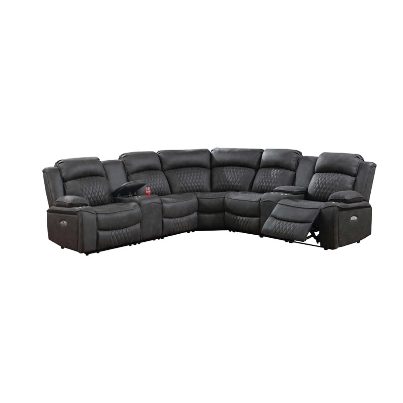 Ina Power Sectional Recliner L Shape Sofa- Charcoal Gray Faux Leather
