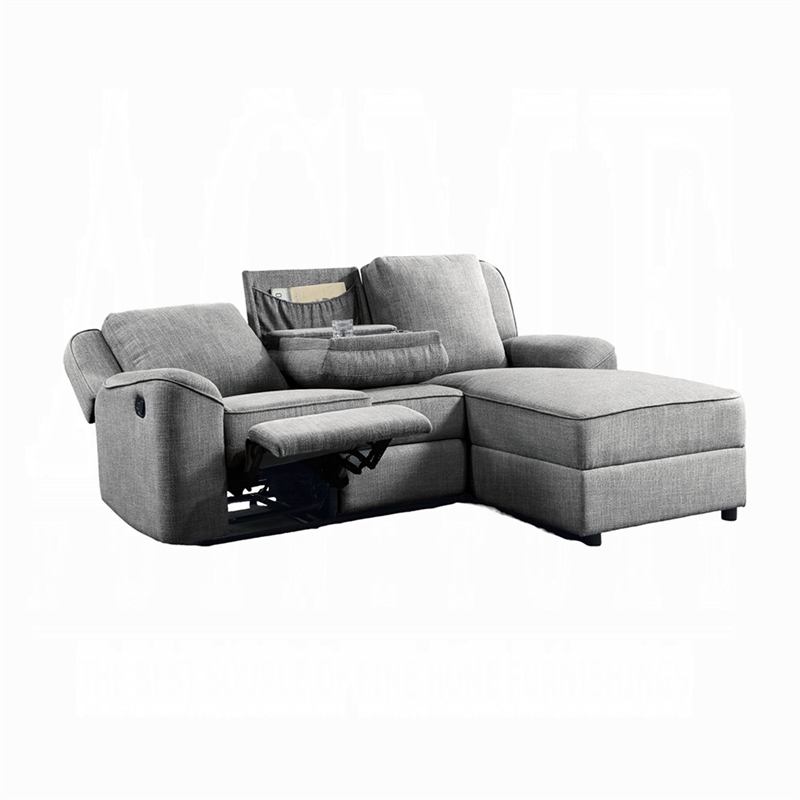 Diny Manual Recliner Sectional Sofa- Dropdown Center Table- Gray Linen