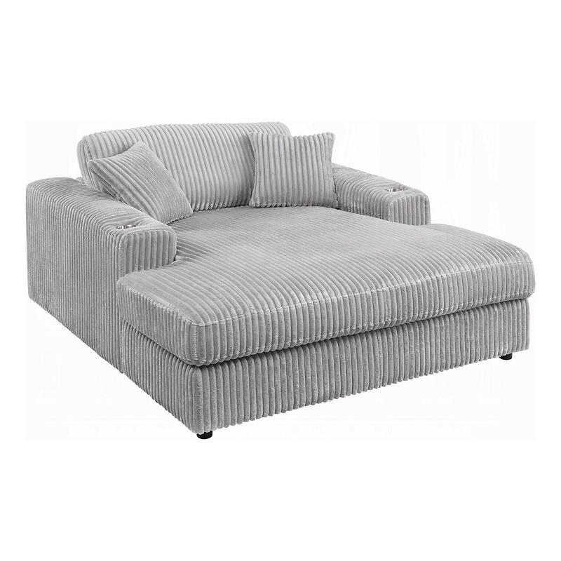 Liny Oversized Chaise- 2 Cupholders- 2 Pillows- Beige Velvet Corduroy