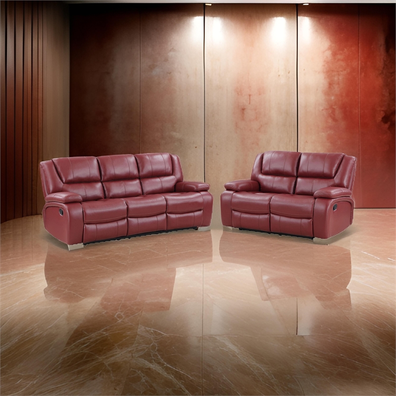 Mila 2pc Manual Recliner Sofa and Loveseat Set- Red Faux Leather- Wood