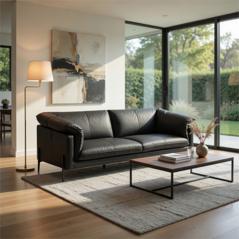 Semi Loveseat- Box Edge Design- Black Top Grain Leather- 69 Inch