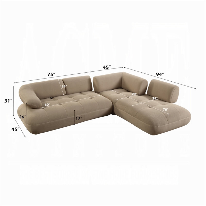 Erico L Sectional Sofa- 6 Pillows- Beige Sandwich Mesh Fabric 121 Inch